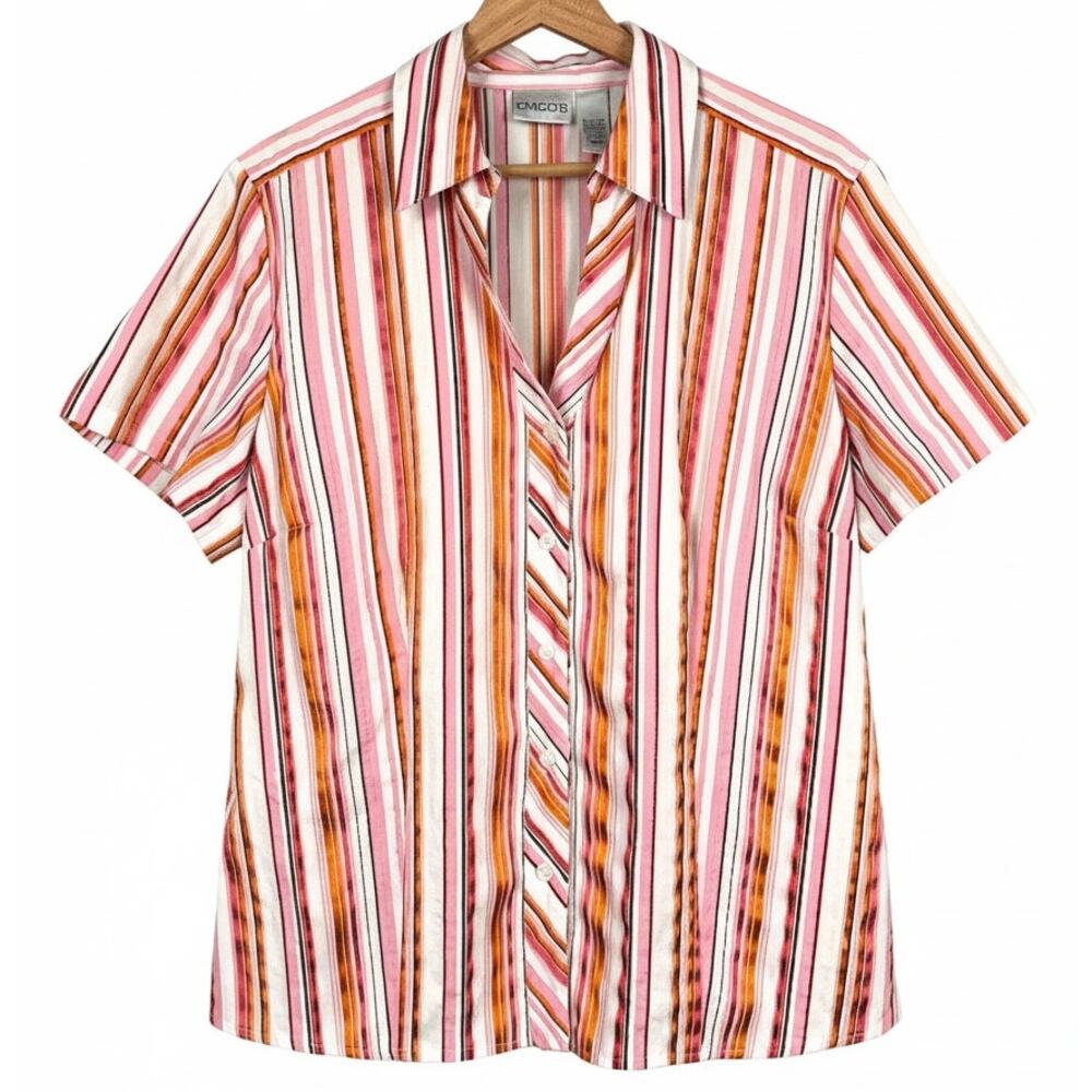 Chico's Women's L Coastal Grandma Academia‎ Metallic Striped Button-Up Blouse